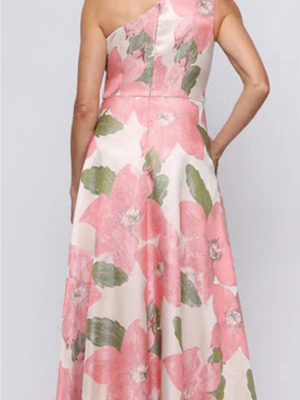 Alex Evenings One-Shoulder Pink/Peach Floral Dress with Green Leaves - Picture 3 of 16